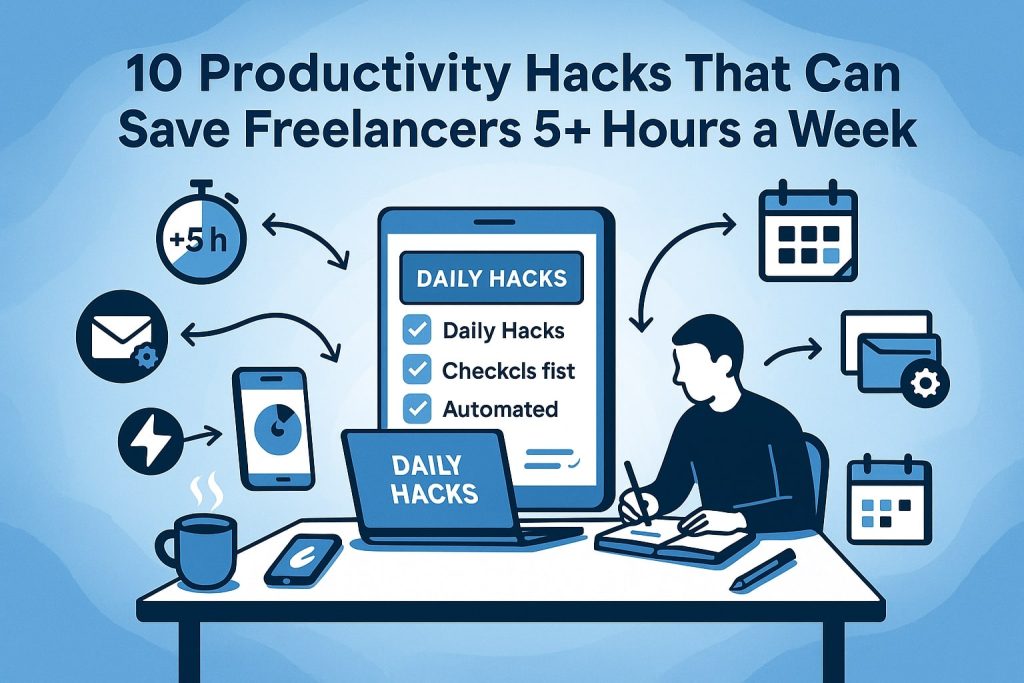 Freelancer at desk writing next to a laptop and screen showing a daily hacks checklist, with icons for +5 h time savings, email automation, energy boost, mobile timer, and calendars around.