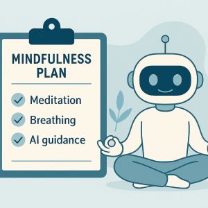 A meditating AI robot next to a checklist titled “Mindfulness Plan” with meditation, breathing, and AI guidance