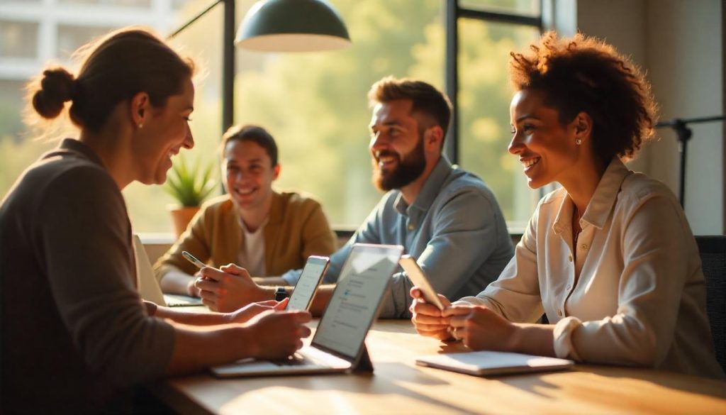 Diverse professionals using ChatSimple for morning motivation and planning across different devices in modern workspace
