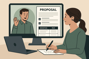 Client and freelancer reviewing a digital proposal on screen
