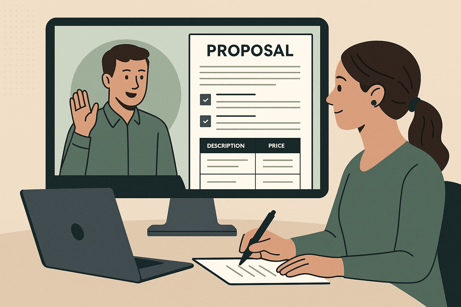 Client and freelancer reviewing a digital proposal on screen