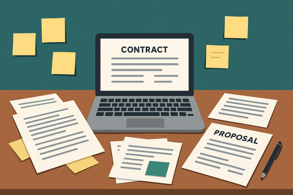 Illustration of a cluttered freelancer desk with papers, sticky notes, and a laptop displaying a contract