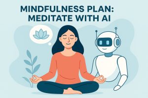 A serene woman meditating with an AI companion in a calm, minimalist space