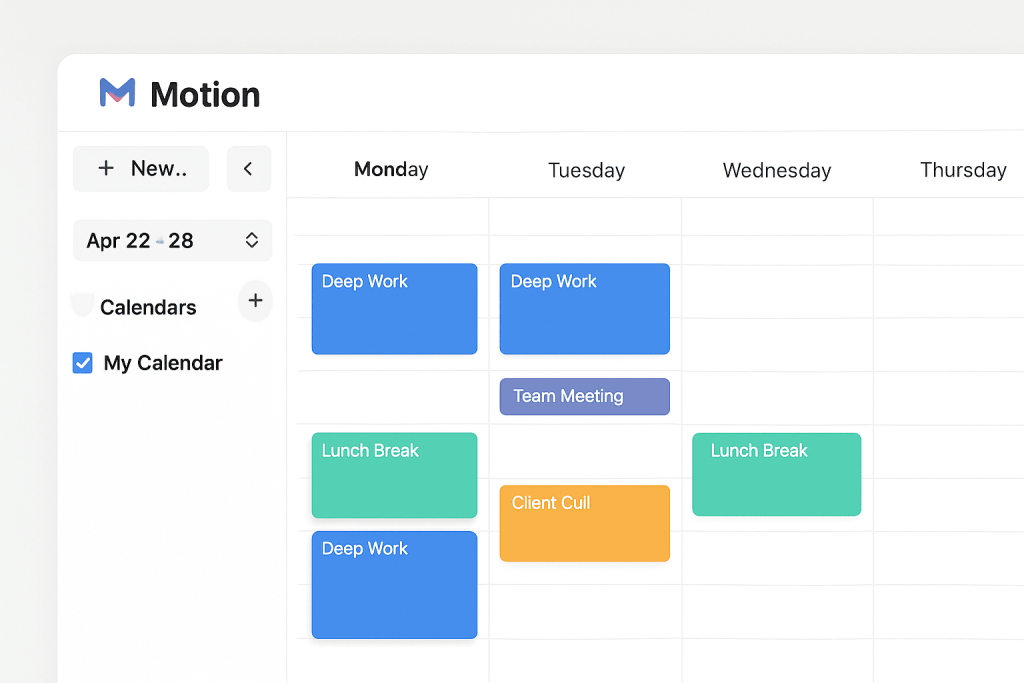 Motion AI calendar screenshot showing deep work and meetings