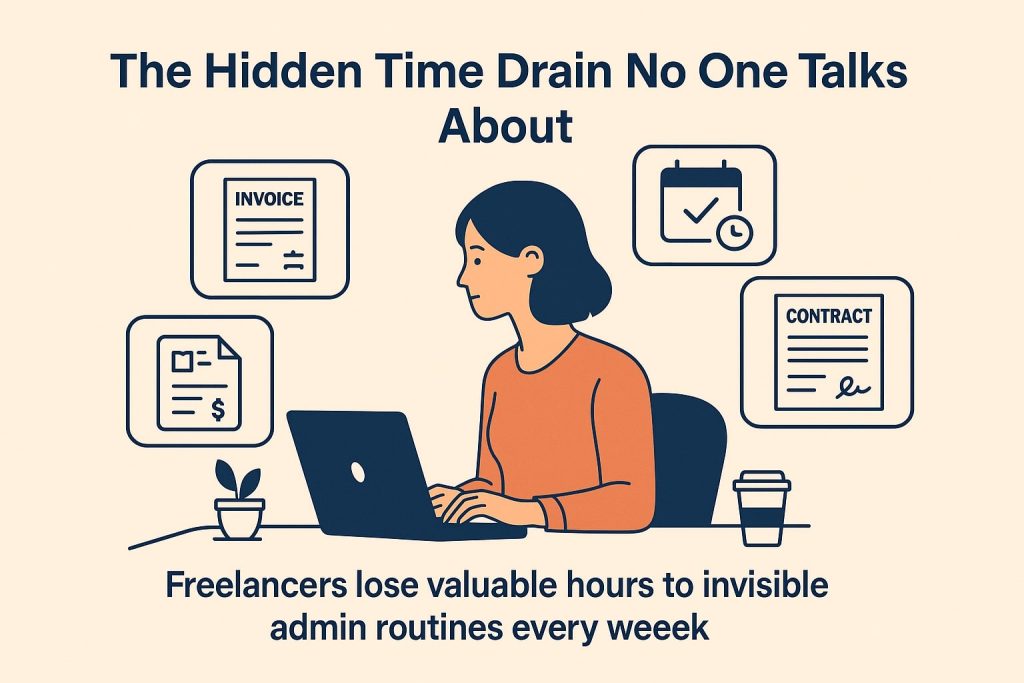 Female freelancer at desk with floating admin icons like invoice, contract, and calendar