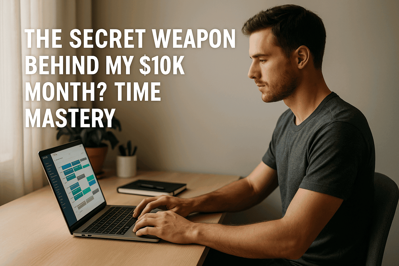Focused freelancer using AI time blocking tools at a minimalist desk