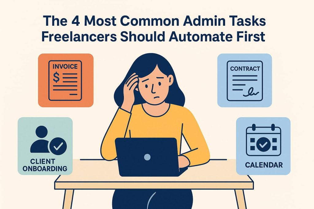 Freelancer looking overwhelmed with icons for invoice, contract, onboarding, and calendar