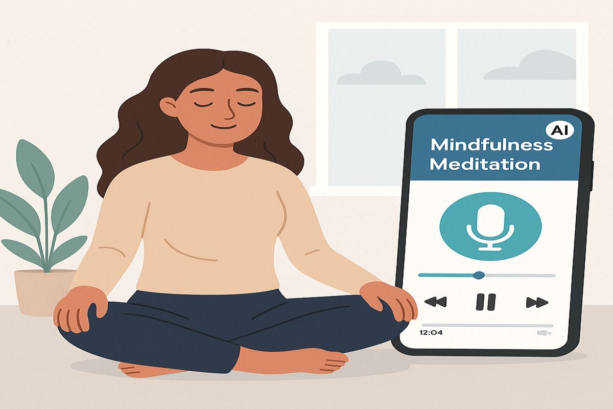 Illustration of a young woman meditating with an AI mindfulness app on her smartphone