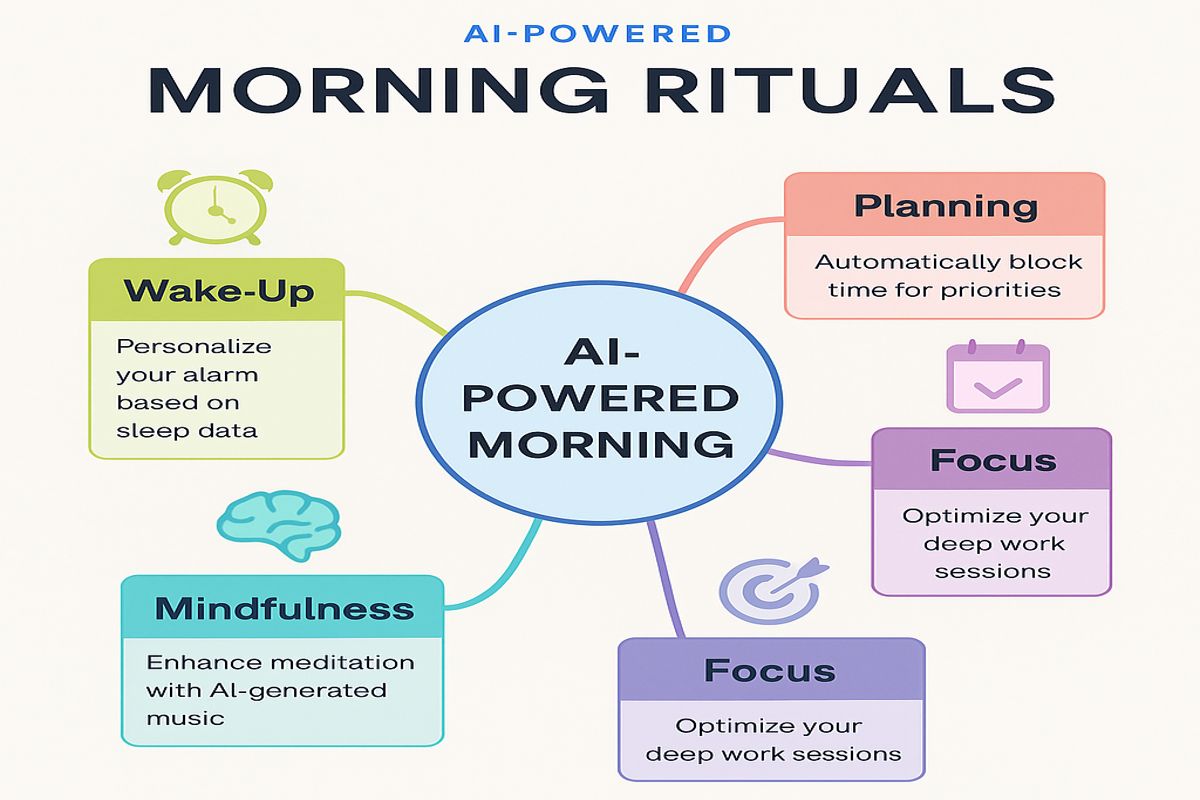 Mind map showing four AI-enhanced morning routine categories: Wake-Up, Planning, Focus, and Mindfulness