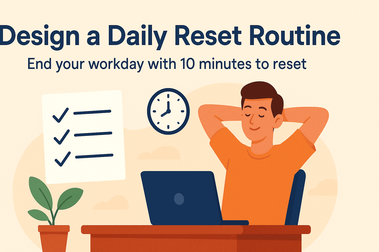 A relaxed freelancer finishing the workday with a checklist and clock in the background