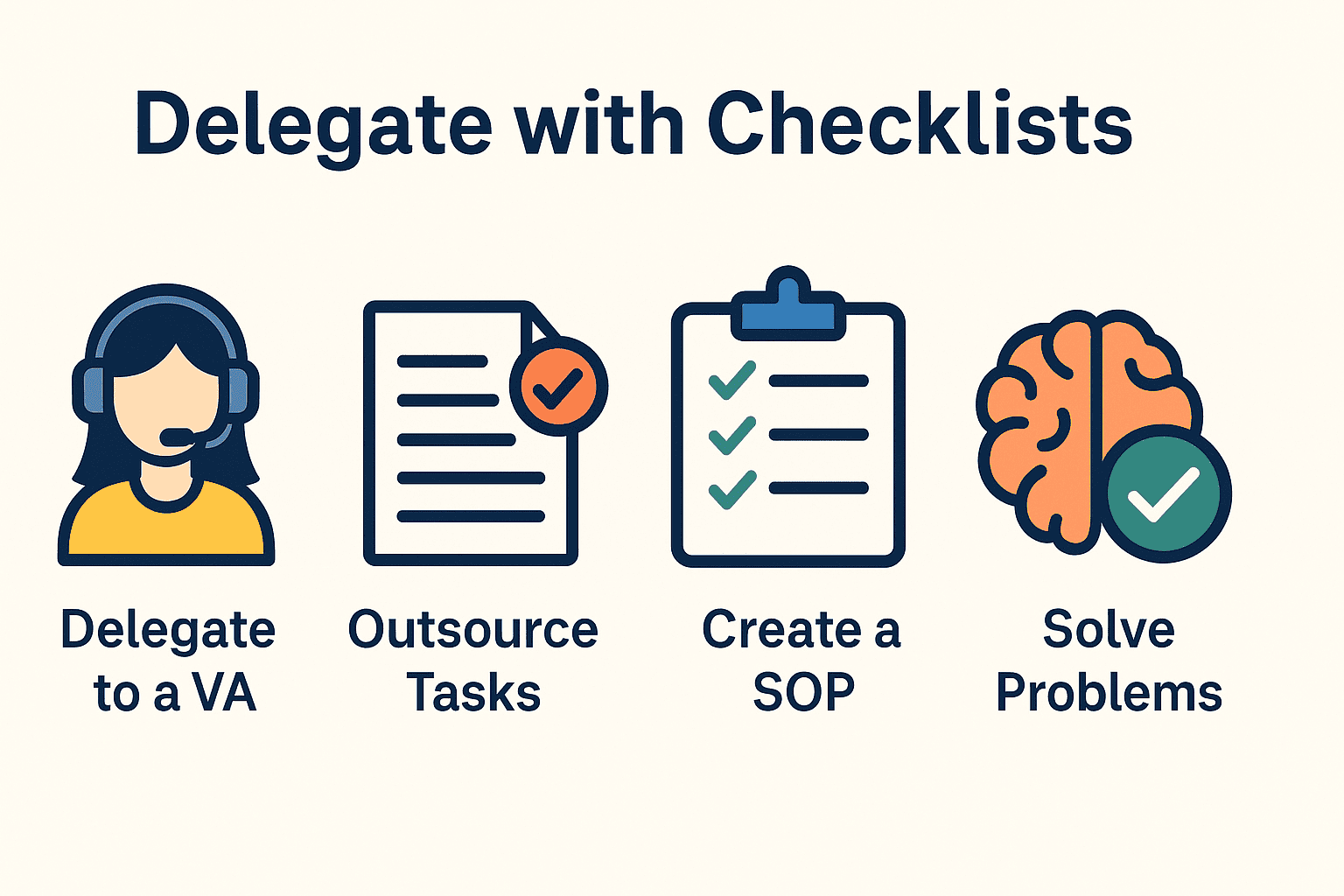 Icons showing task delegation steps including VA, checklist, and SOP creation