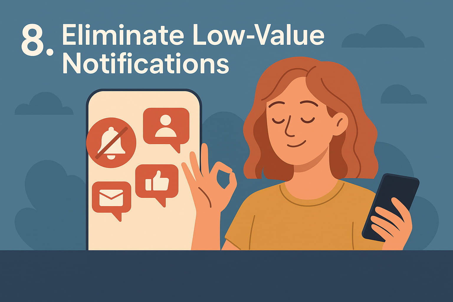 Woman holding phone calmly while disabling notifications from social and messaging apps