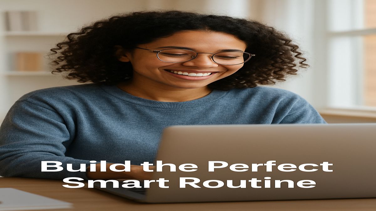 Smiling young freelancer using a laptop to build her daily routine with AI tools like Notion and Motion