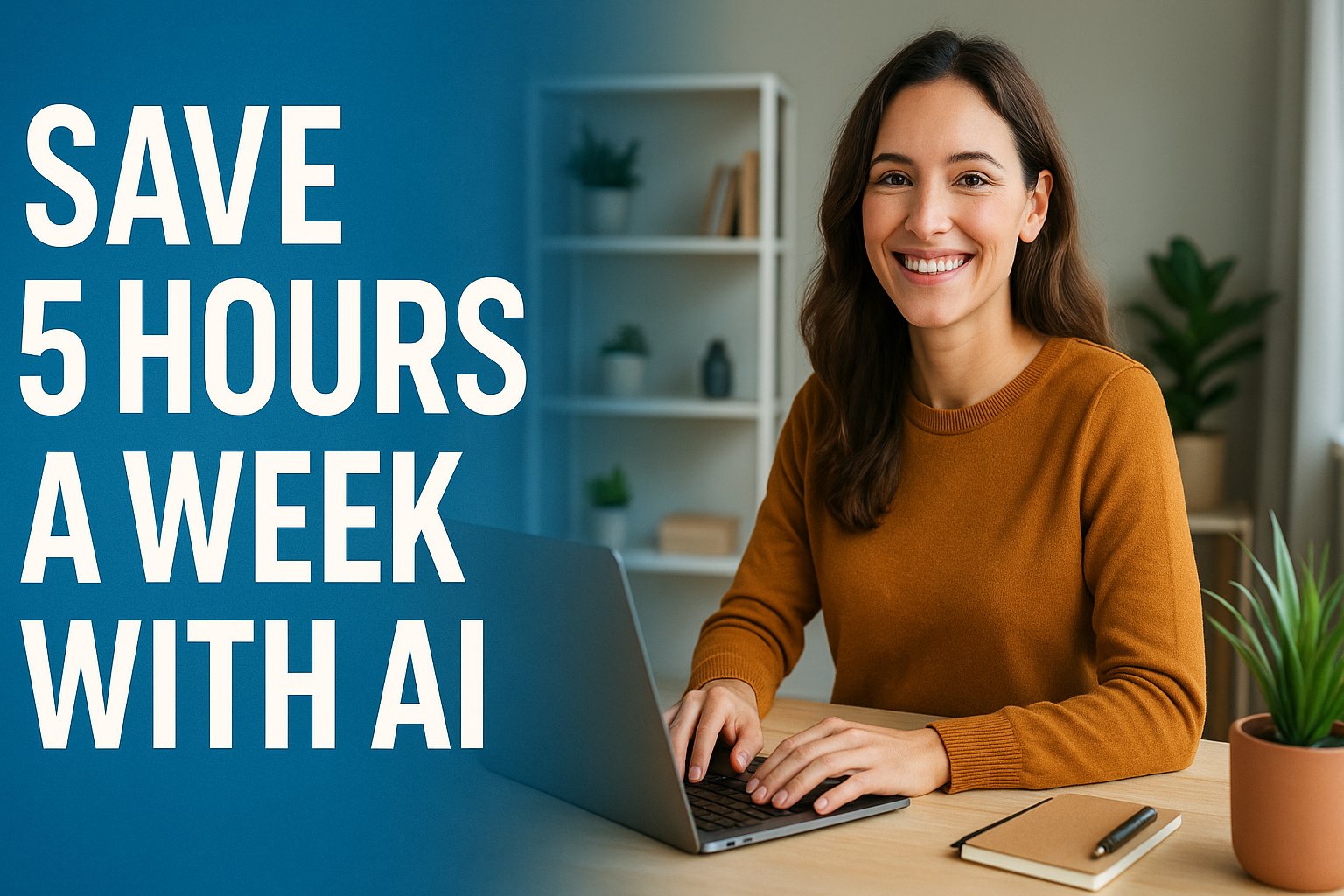 Smiling woman working at her laptop with the text 'Save 5 Hours a Week with AI'