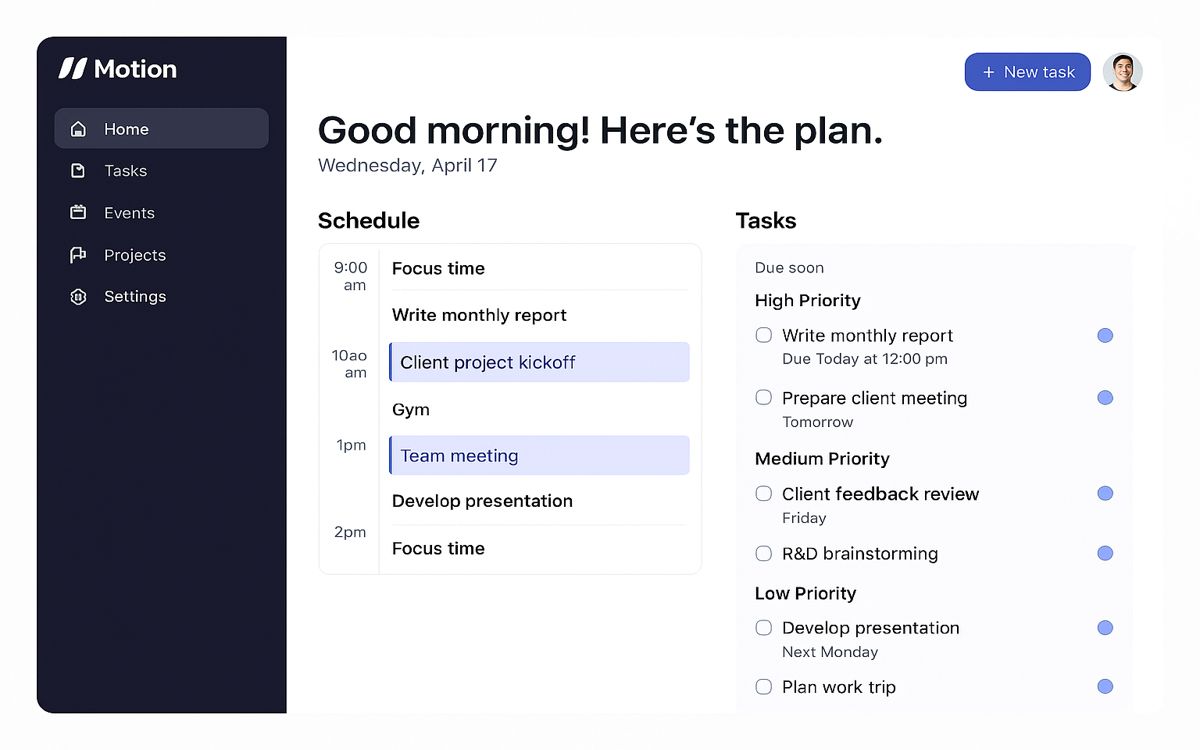 Screenshot of Motion's AI-powered calendar showing auto-scheduled tasks and morning focus time