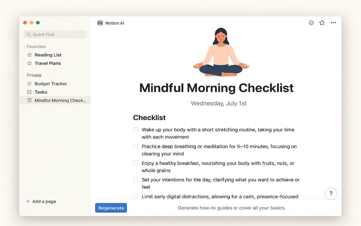 Screenshot of a Notion AI template featuring a morning checklist for mindfulness, meditation, and focus