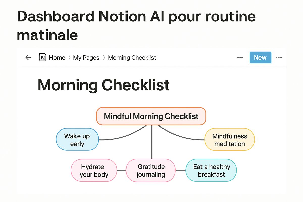 Screenshot of a Notion AI dashboard with a morning checklist and habit mind map for focus and mindfulness