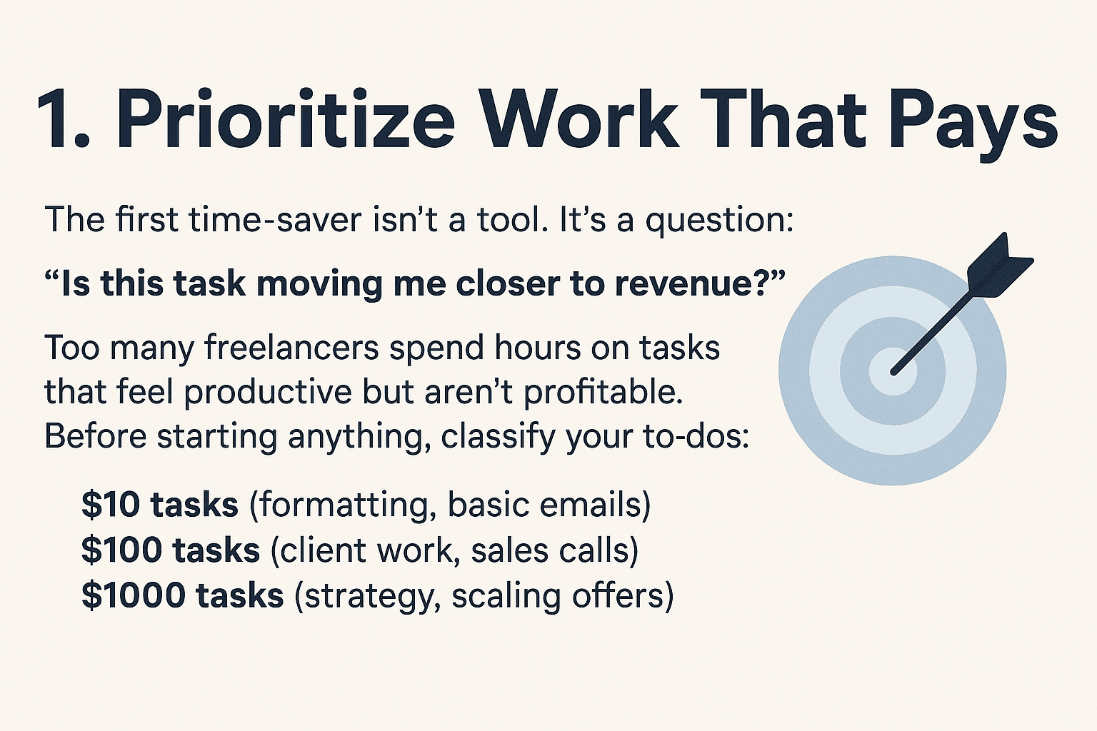 Graphic showing a task value system with $10, $100, and $1000 categories for freelancers