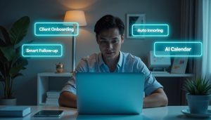 Focused freelancer at desk surrounded by AI automation tools hovering in a calm workspace