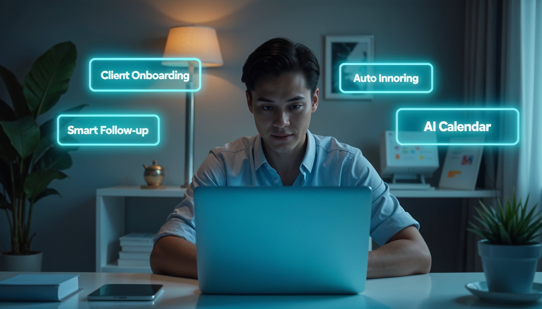 Focused freelancer at desk surrounded by AI automation tools hovering in a calm workspace