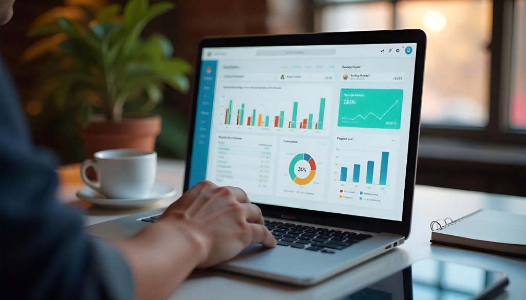 Laptop screen showing a modern freelance dashboard with projects, finances, and messaging tools