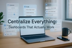 Realistic freelance workspace with centralized dashboard interface and smart AI panels