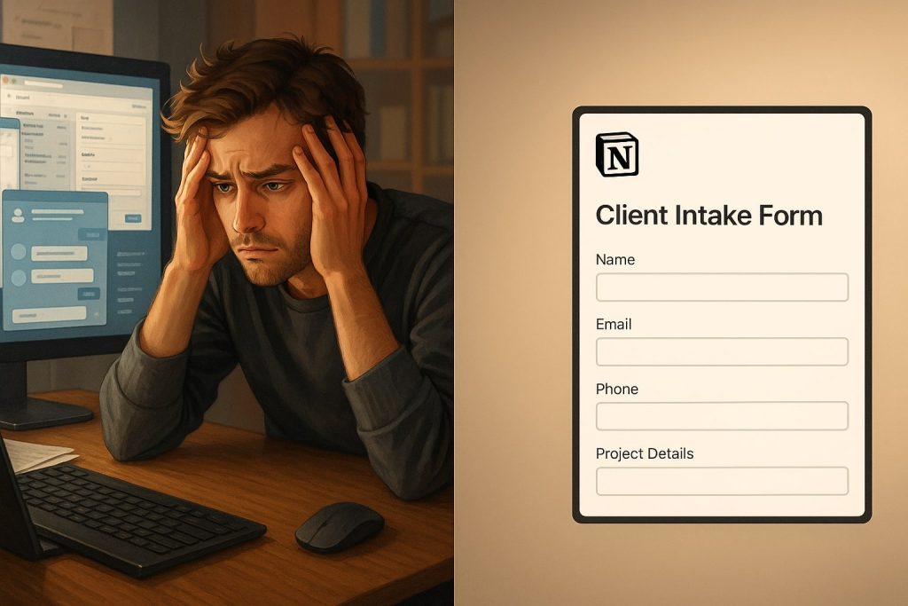 Comparison of chaotic multitasking with calm Notion client intake setup