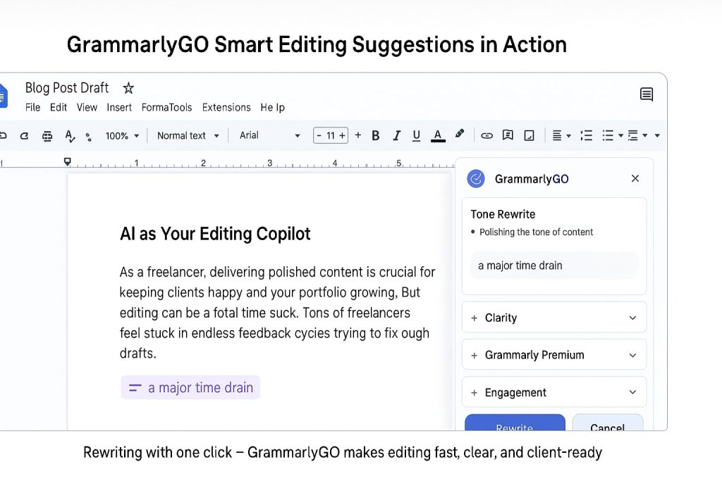 GrammarlyGO tone rewrite interface in Google Docs