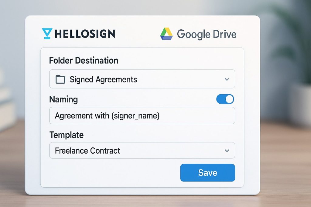 HelloSign integration setup screen showing Google Drive connection