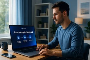 A modern freelancer in a stylish blue-accented home office confidently reviews an AIProductivo dashboard showing an automated workflow on a laptop, with text "From Messy to Mastered".