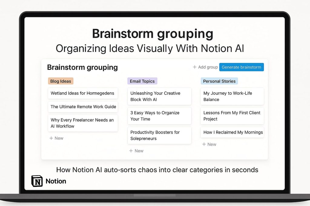 Notion AI interface showing brainstorm grouping in a structured dashboard