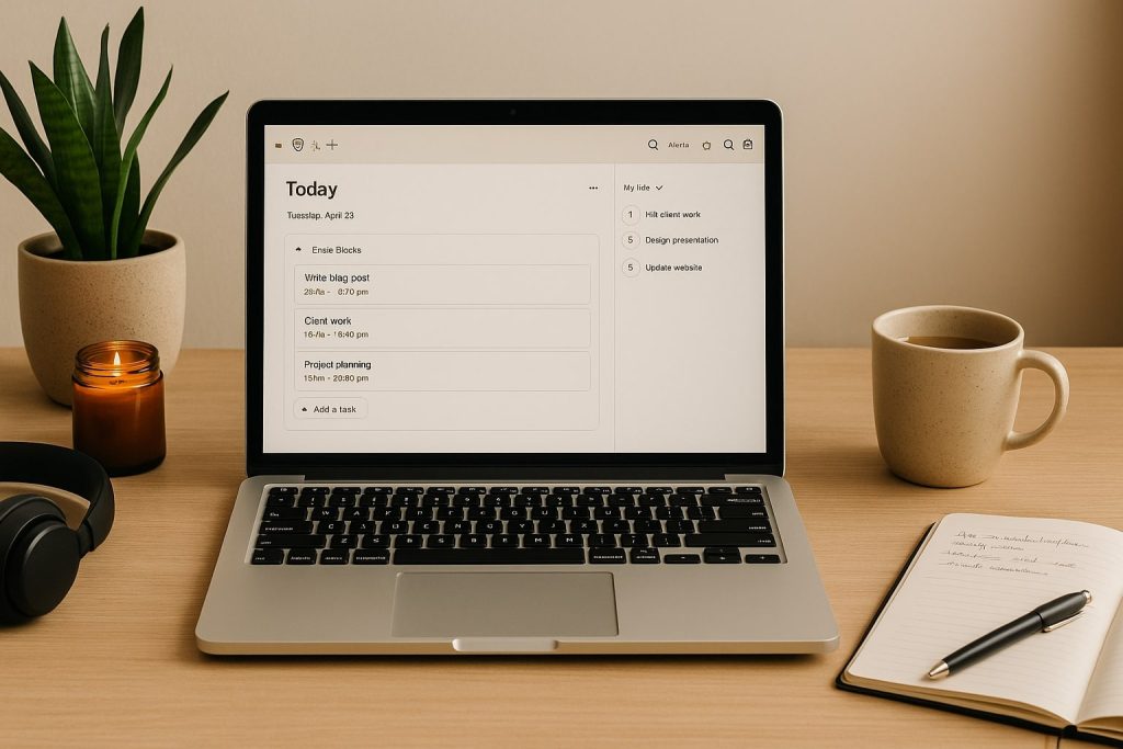 Minimalist desk setup with laptop, headphones, candle, notebook, and coffee mug — showing a freelancer’s focus ritual in practice.