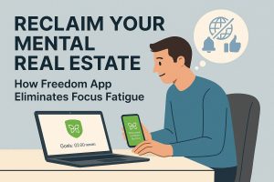 Freelancer using Freedom App on phone and laptop, focused at a minimalist desk with blocked distractions