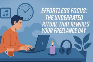 Illustration of a focused freelancer at a desk with ambient cues like headphones, candle, and coffee, emphasizing deep work and productivity rituals.