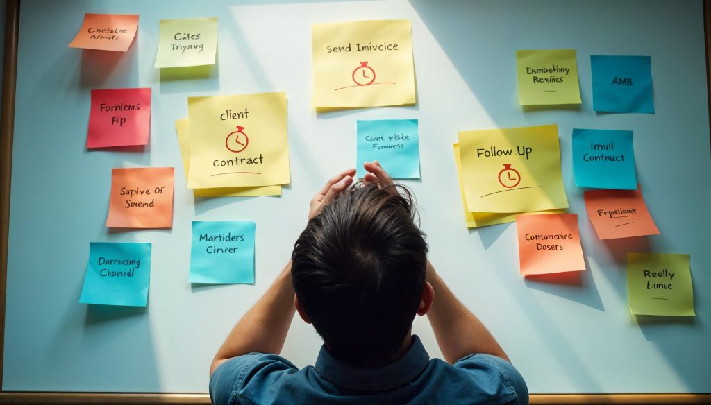 Overhead view of a cluttered whiteboard with freelance admin tasks like invoicing and follow-ups