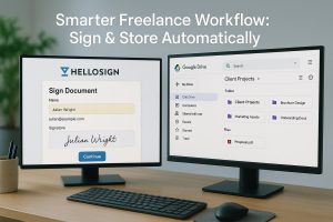 A digital freelancer workspace showing HelloSign and Google Drive in action