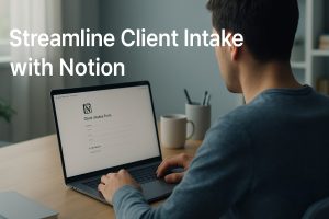 Freelancer using Notion to streamline client intake at a clean workspace