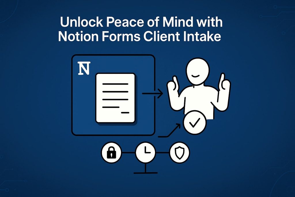 Notion Forms interface arrowing to a smiling person and checkmark, with icons of a padlock, clock, and shield beneath to represent secure, fast, and protected client intake