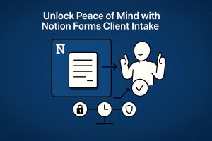 Notion Forms interface arrowing to a smiling person and checkmark, with icons of a padlock, clock, and shield beneath to represent secure, fast, and protected client intake