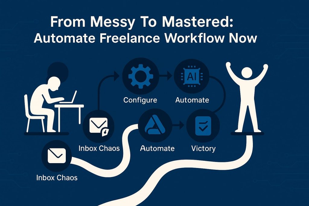 Stylized flowchart from a slumped freelancer at “Inbox Chaos” through configuring and AI automation steps, ending in a victory pose to illustrate mastering a freelance workflow.