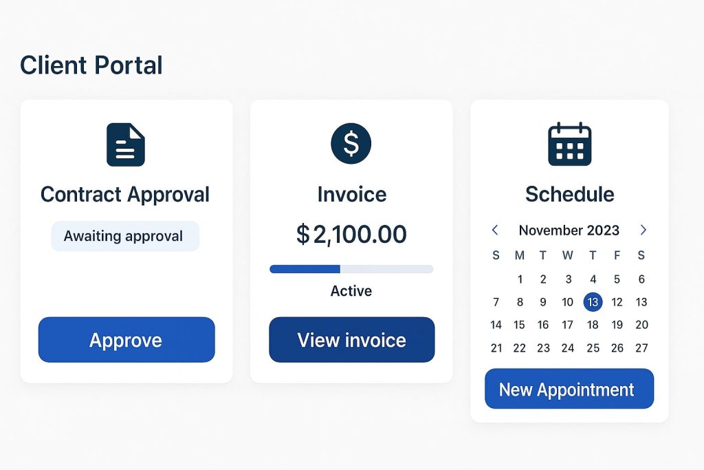 Dashboard showing contract automation, invoicing, and calendar scheduling