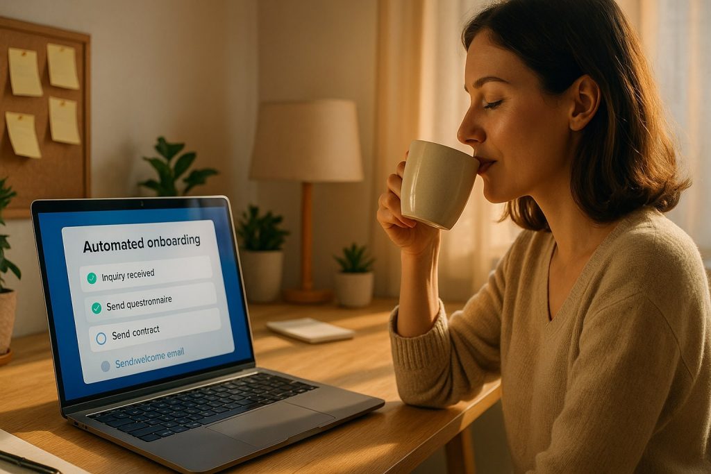 Freelancer relaxing while Dubsado handles client onboarding on laptop