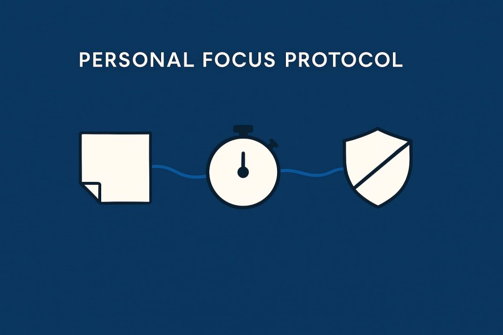 Three simple icons connected by a line: a blank note, a stopwatch, and a shield