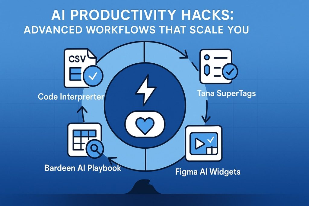 Circular workflow links code interpreter, tana supertags, bardeen and figma AI widgets around a lightning-bolt core