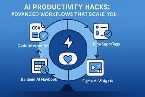 Circular workflow links code interpreter, tana supertags, bardeen and figma AI widgets around a lightning-bolt core
