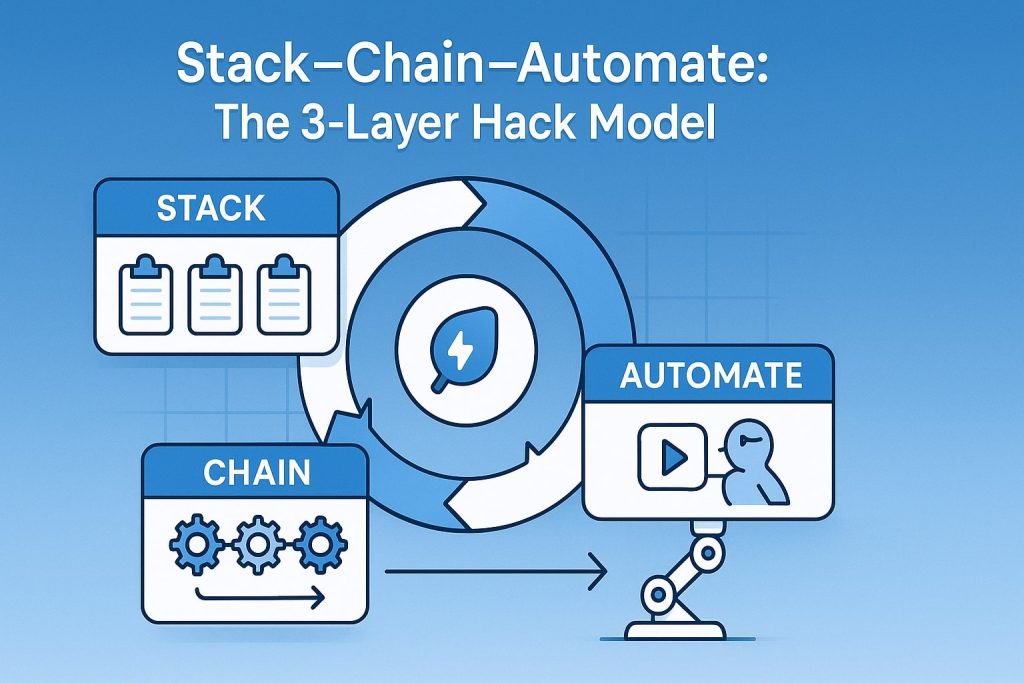 Diagram showing three boards labelled stack, chain and automate wrapped inside a circular flow