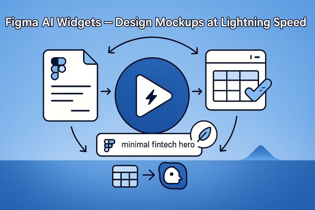 Play button at centre links a Figma doc, design grid and text prompt labelled “minimal fintech hero”