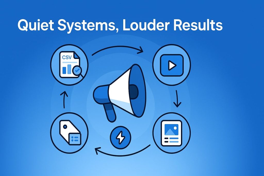 Central megaphone surrounded by icons for data, video, image and tag, all connected in a cycle