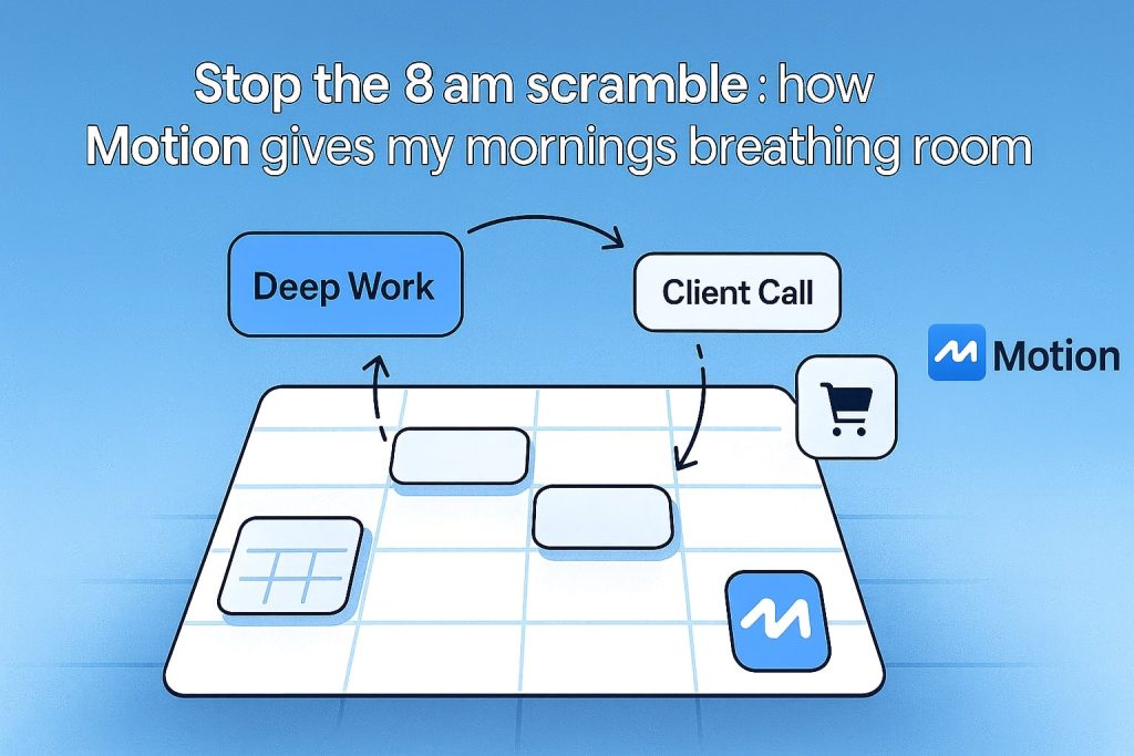 Tilted daily planner with deep-work, client call and shopping blocks repositioned by Motion arrows