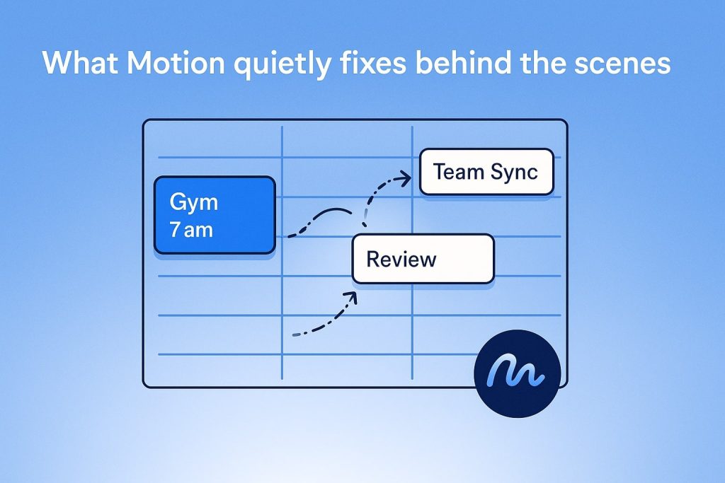 Calendar grid where a gym block moves to clear space for team sync and review tasks, Motion logo in corner